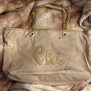 Chi by Carlo Falchi Beige Tote Bag with Gold Chain Handles